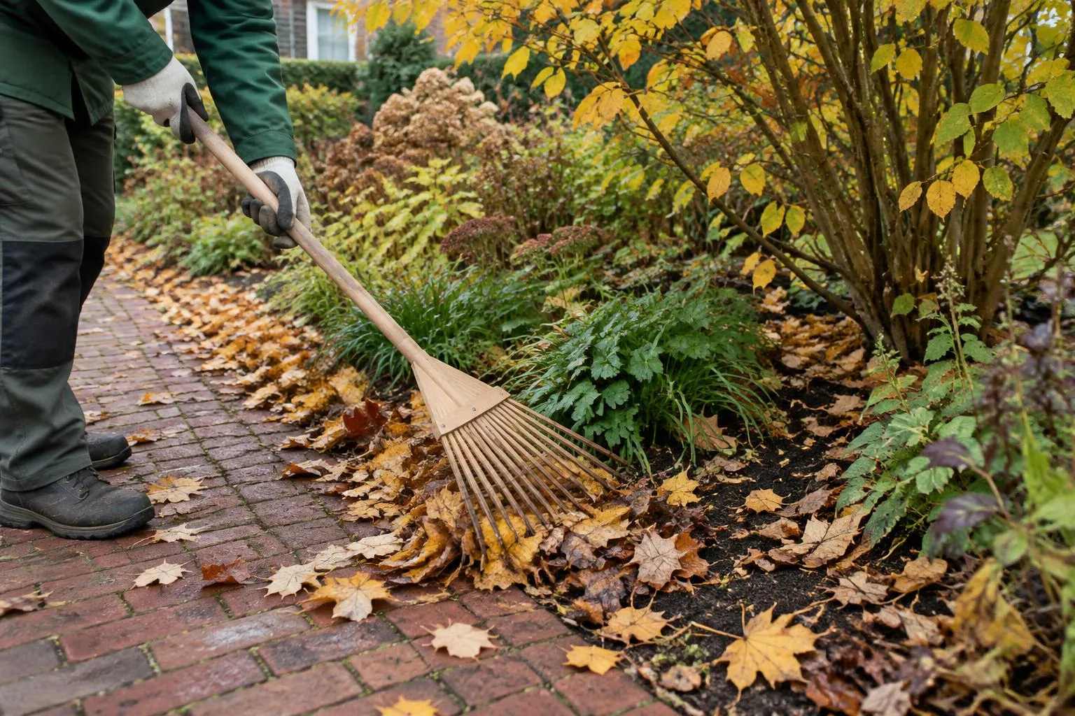 Hovenier verplaatst losse herfstbladeren voorzichtig van een tuinpad naar een border