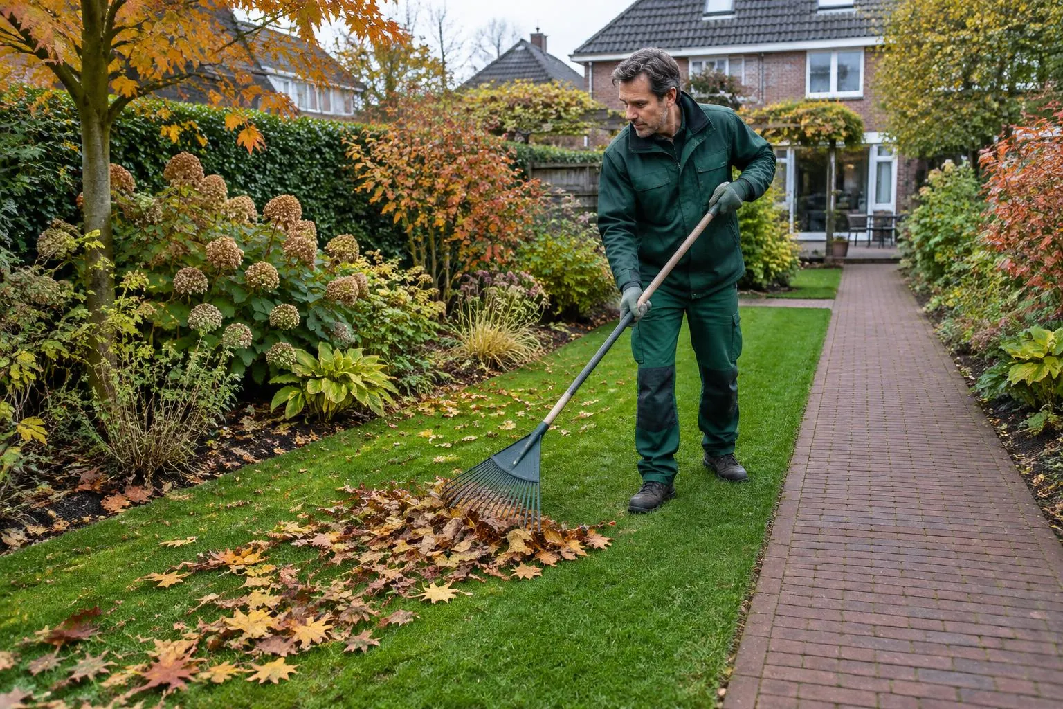 Hovenier harkt herfstblad van het gazon naast een klinkerpad in een Nederlandse tuin