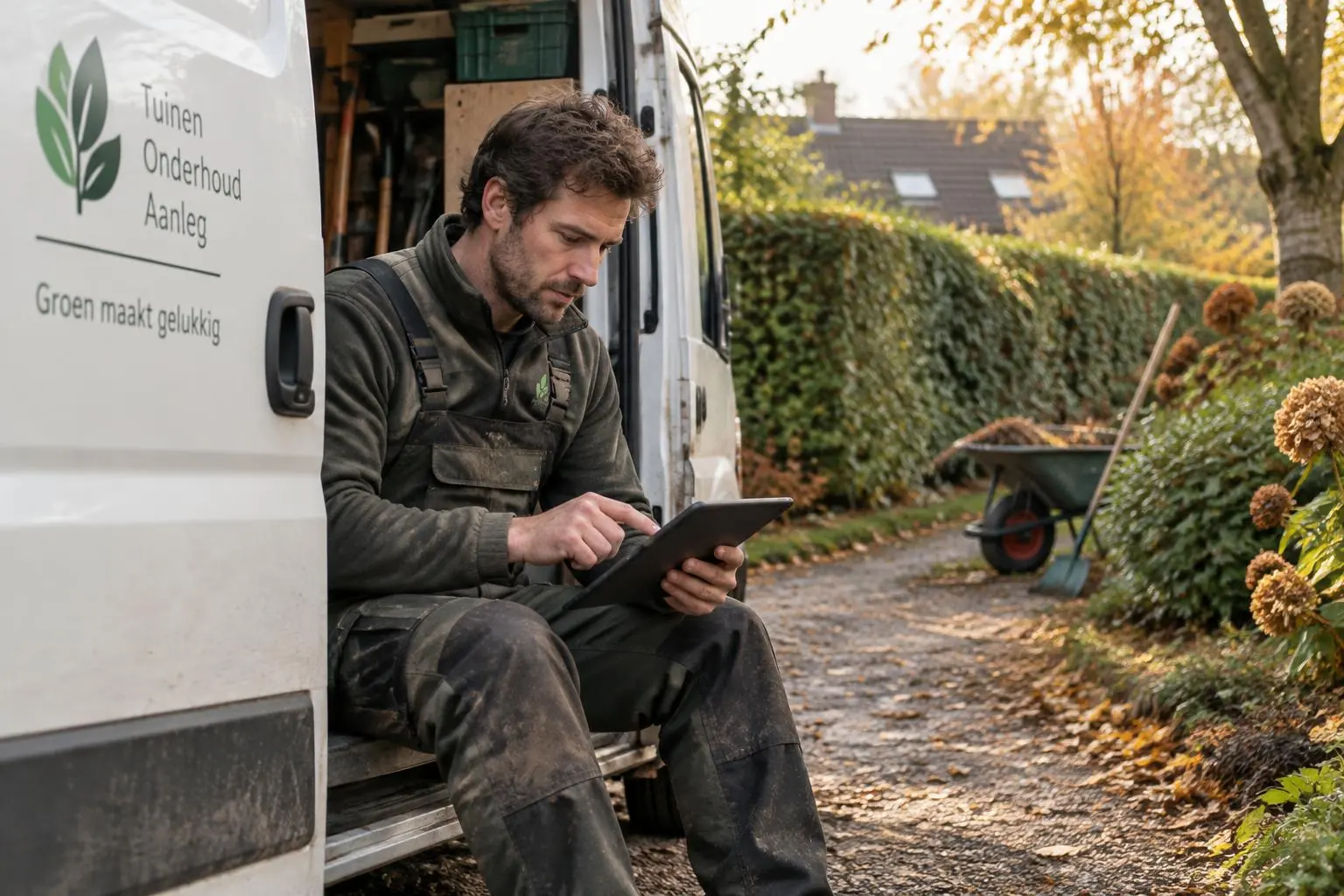 Hovenier controleert facturen op een tablet bij de geopende werkbus in een herfsttuin