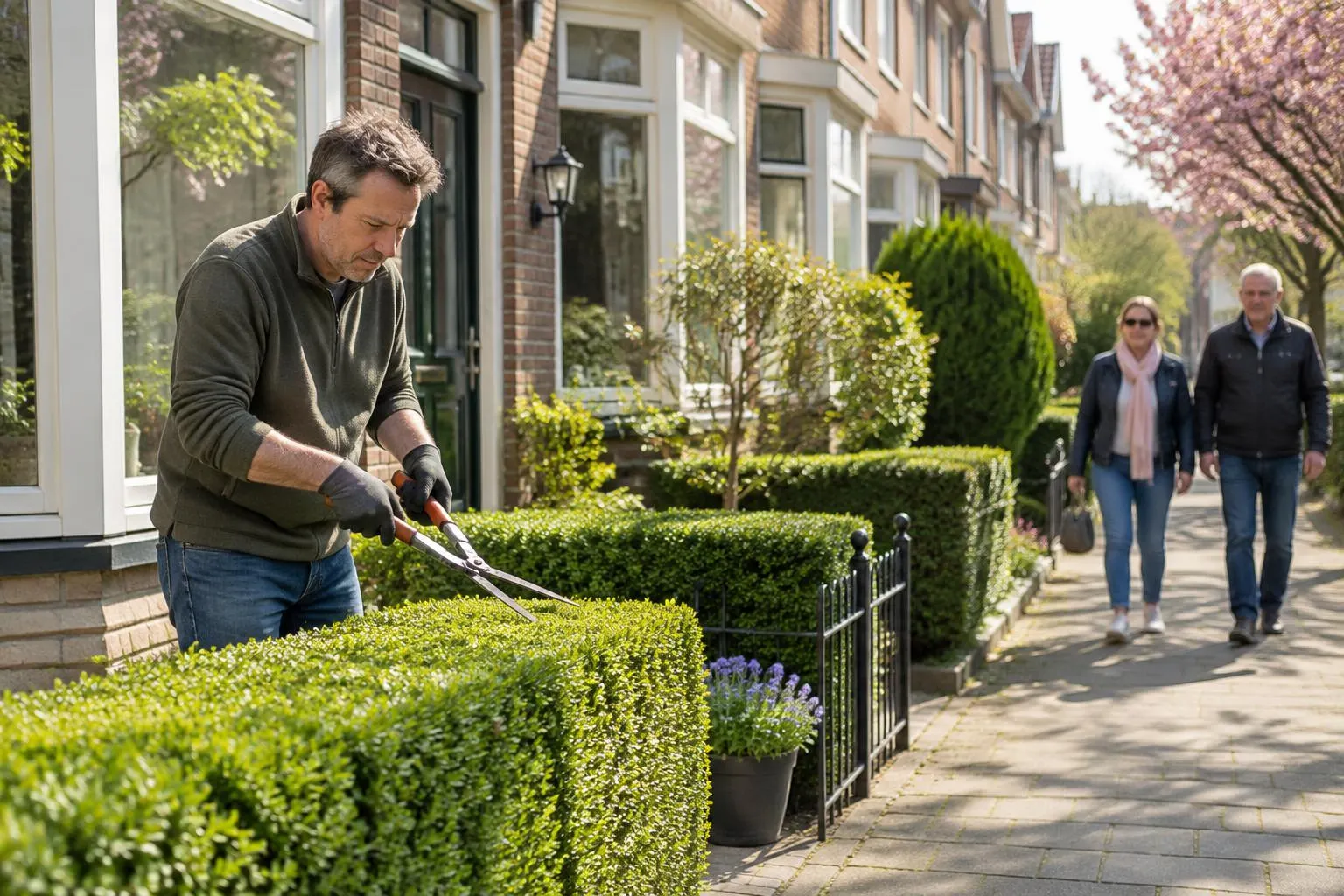 Hovenier knipt een buxushaag in een rij voortuinen terwijl buren voorbijlopen