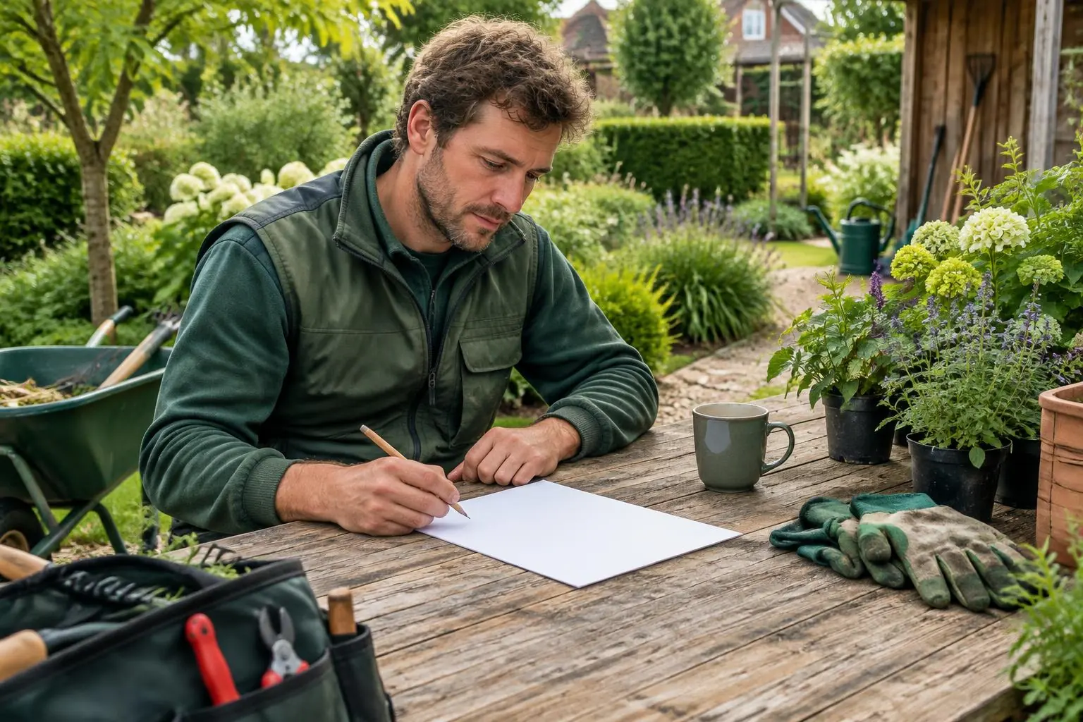 Hovenier die een concept voor tuinonderhoud op papier voorbereidt