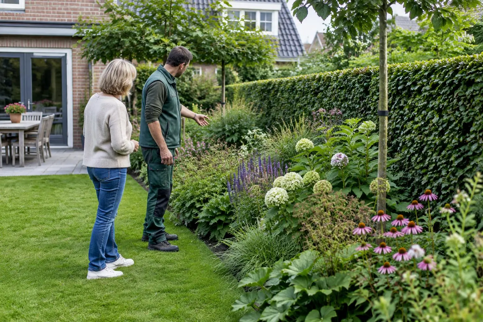 Hovenier bespreekt terugkerend onderhoud in een groene tuin