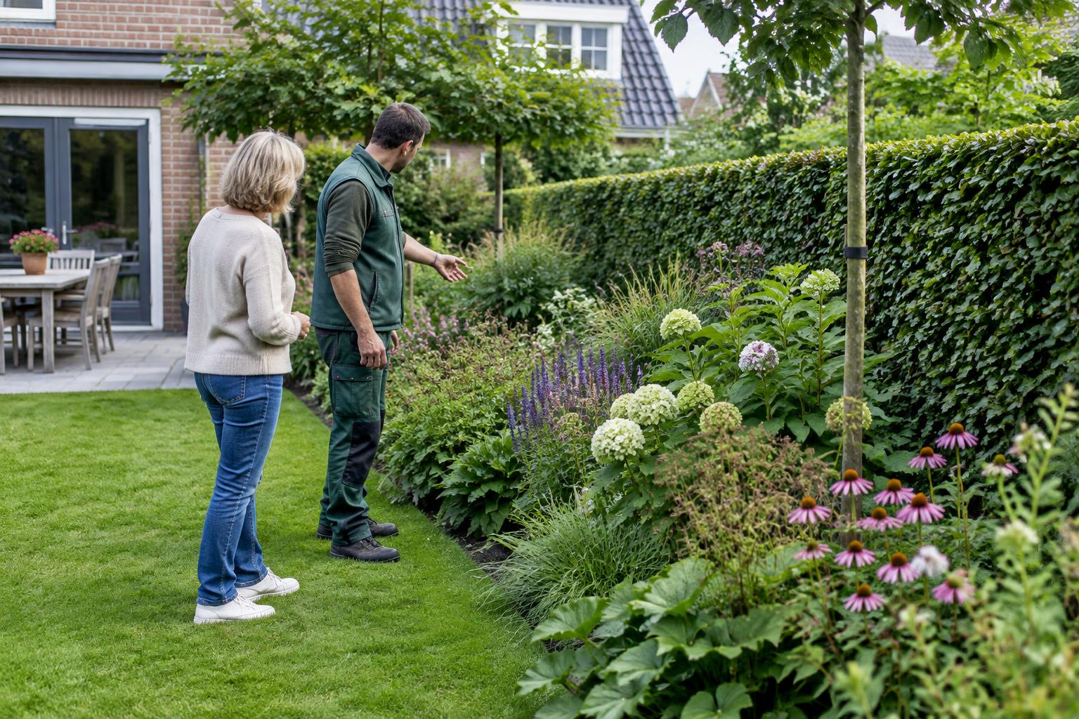 Hovenier bespreekt terugkerend onderhoud in een groene tuin