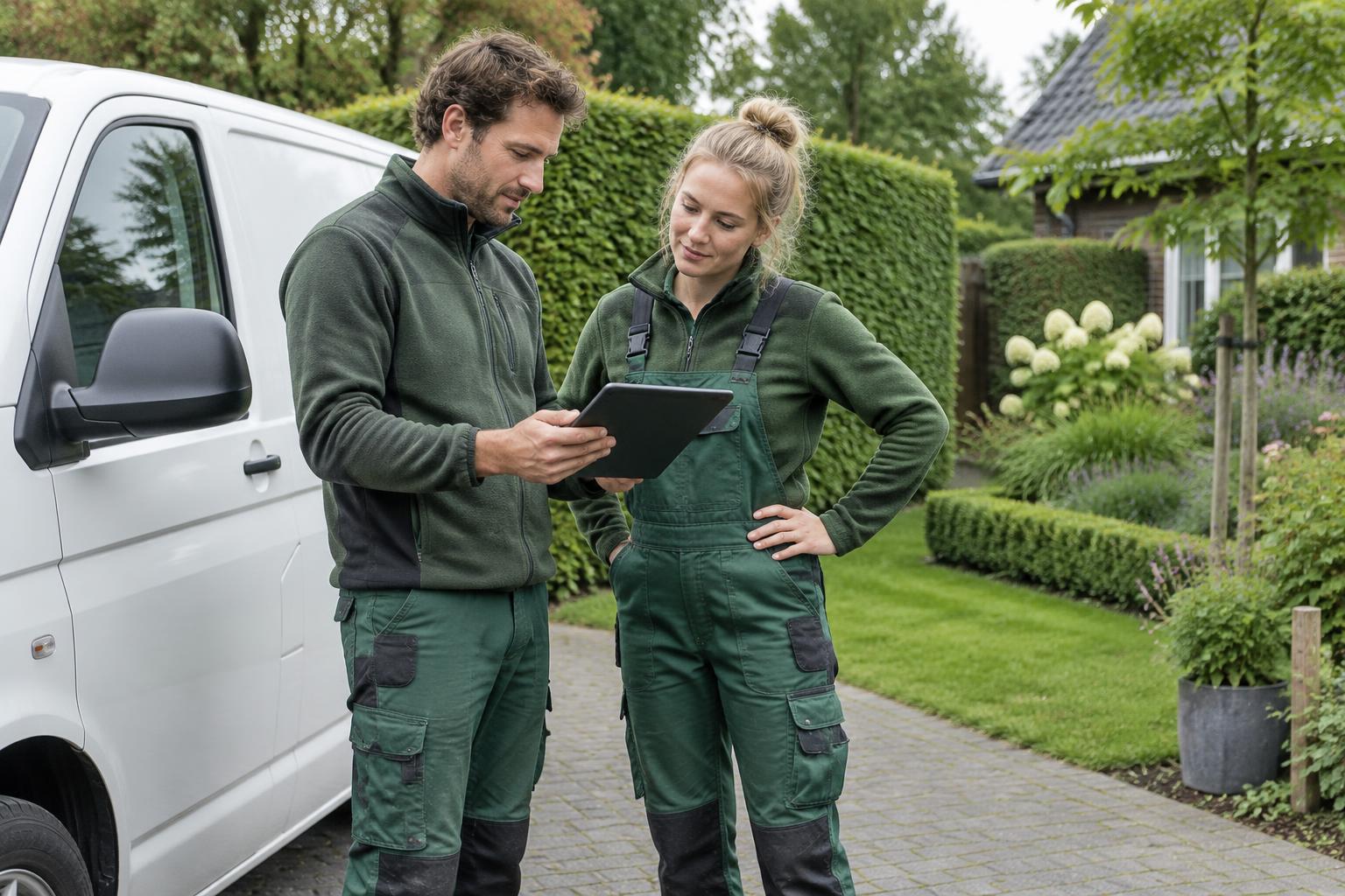 Hoveniers bespreken hun volgende klus met een tablet bij de werkbus
