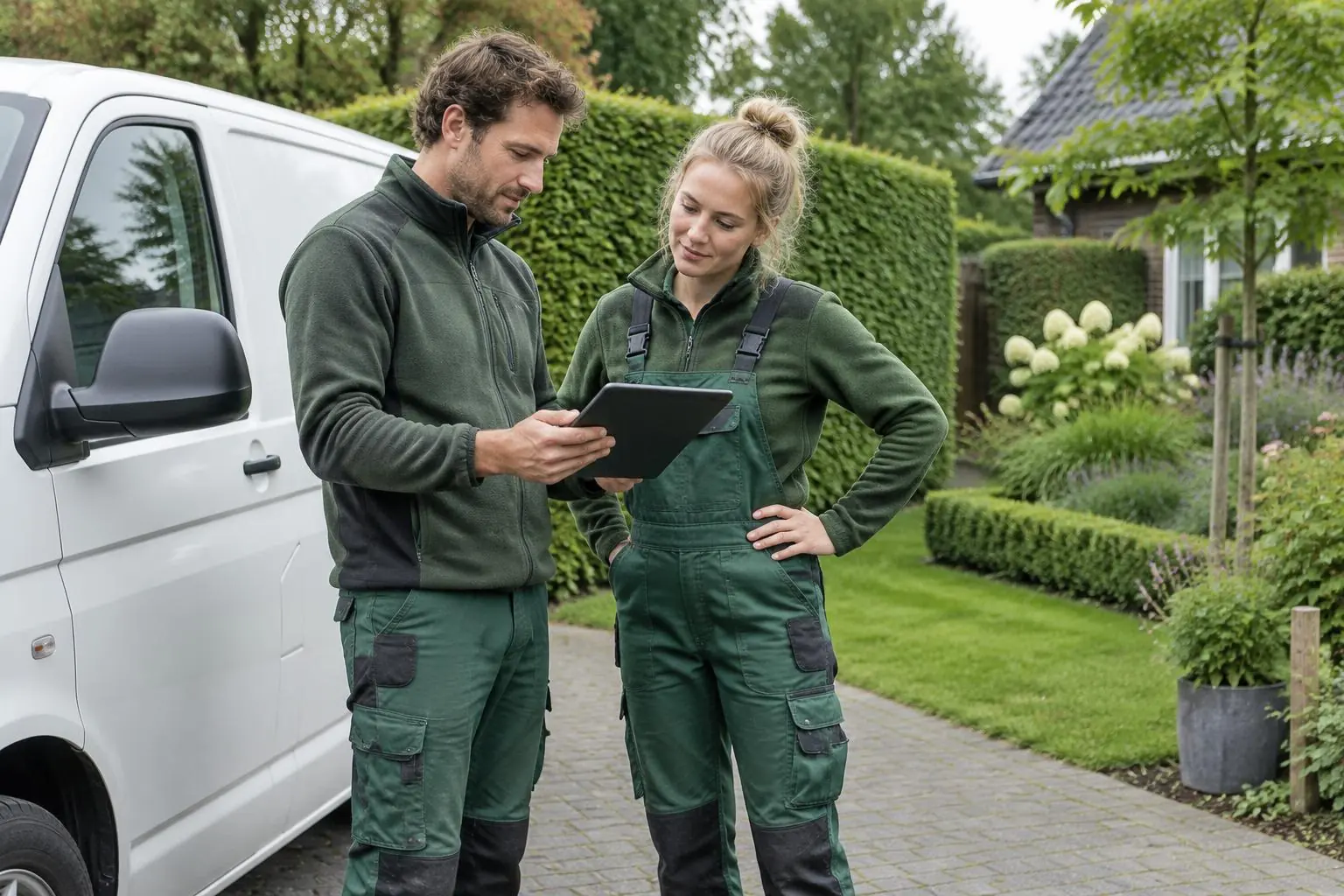 Hoveniers bespreken hun volgende klus met een tablet bij de werkbus