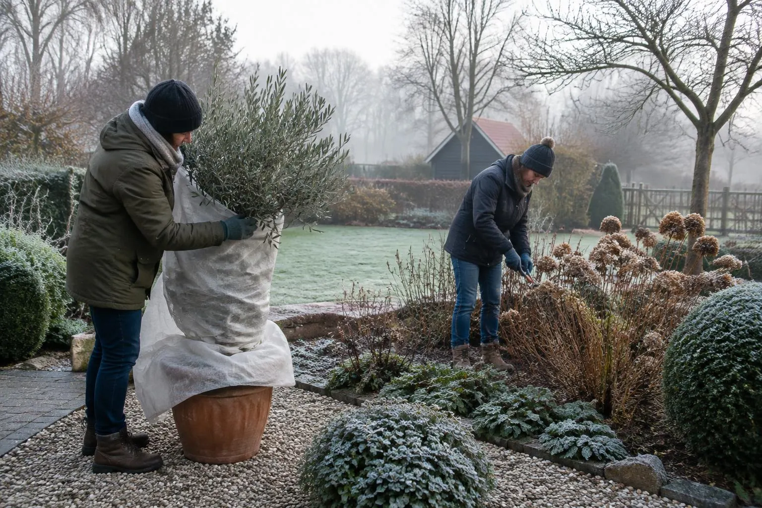 Hoveniers beschermen een olijfboom met vliesdoek en snoeien uitgebloeide planten op een mistige ochtend
