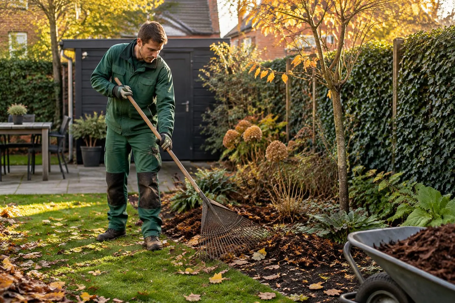 Hovenier harkt herfstbladeren en brengt mulch aan in een Nederlandse achtertuin