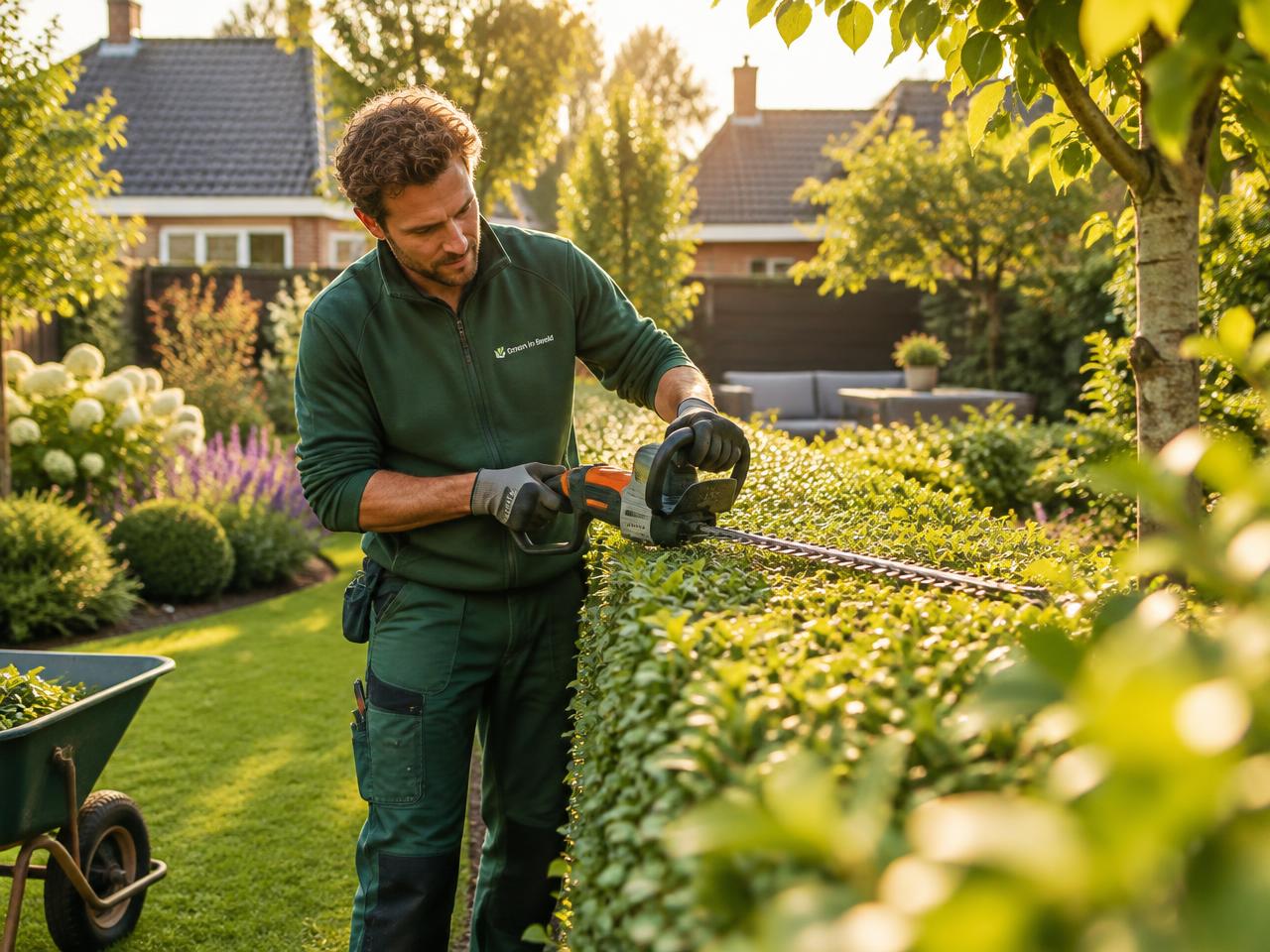 Hovenier die een haag onderhoudt in een Nederlandse tuin