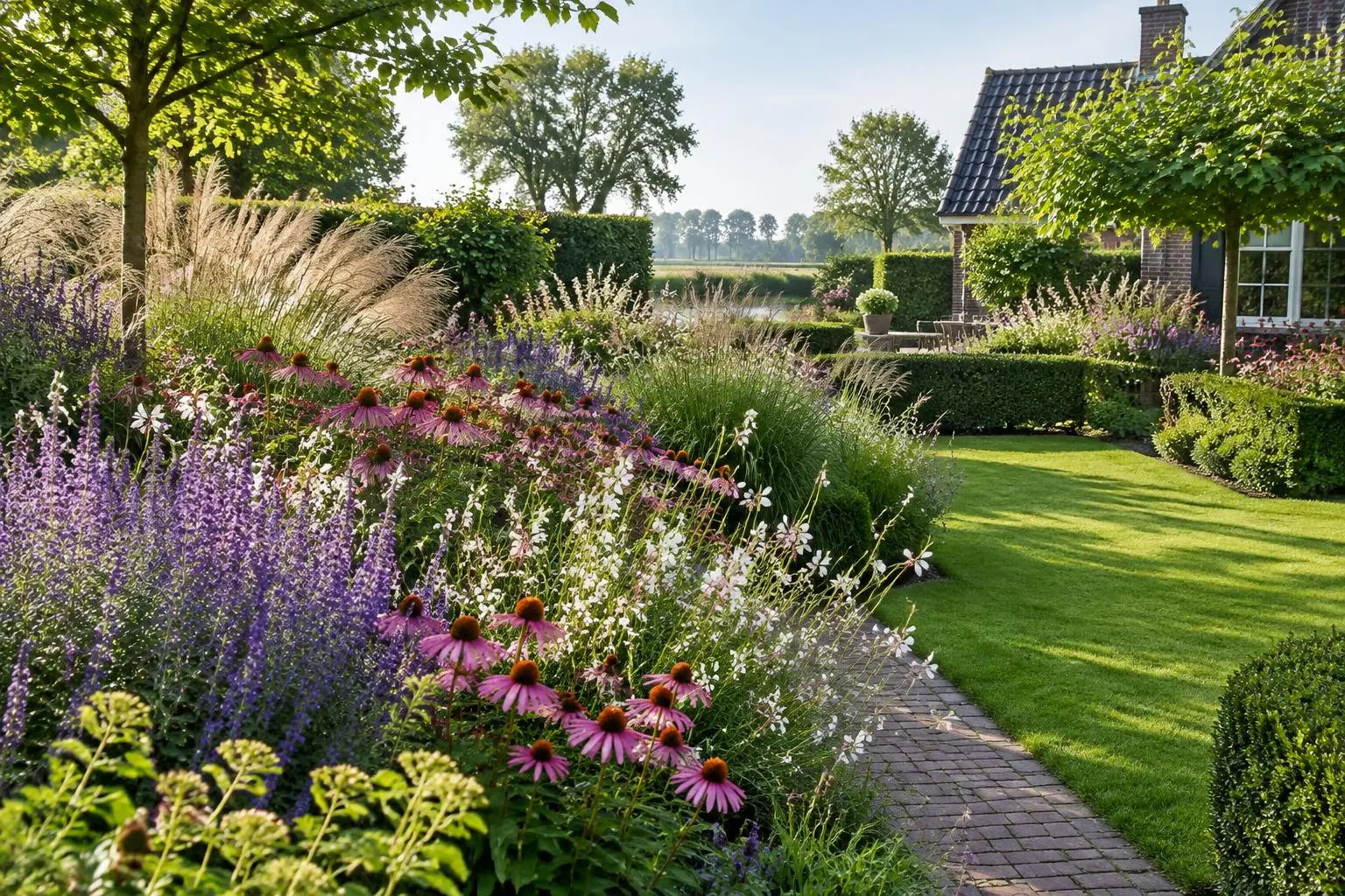 Groene hagen en kleurrijke vaste planten langs een tuinpad