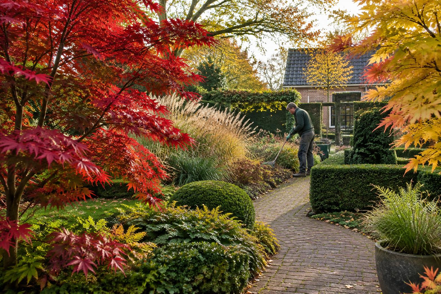 Hovenier onderhoudt een tuin met herfstkleuren en siergrassen