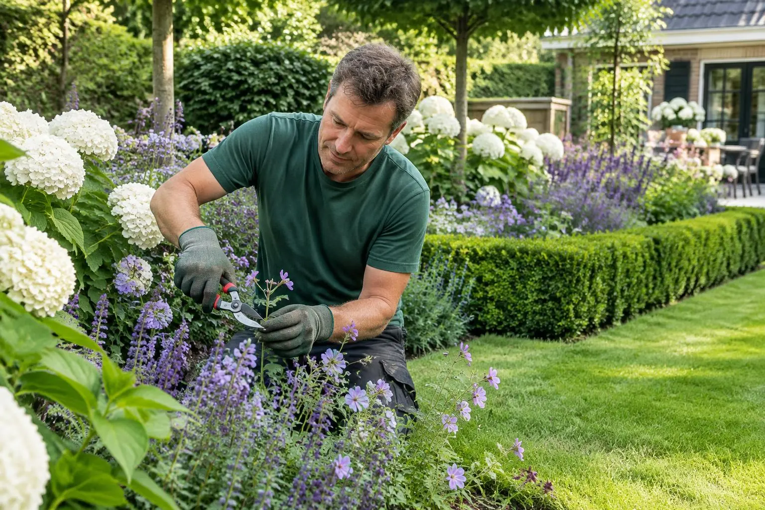 Hovenier aan het werk in een groene tuin